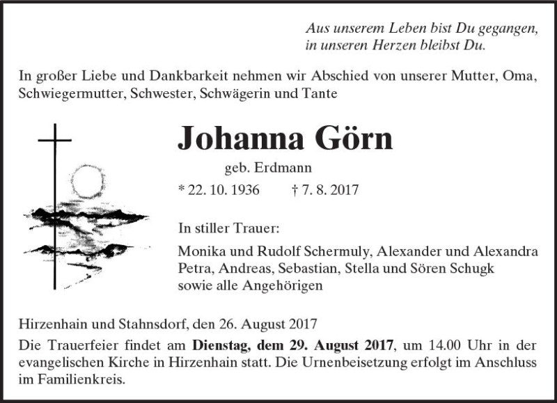  Traueranzeige für Johanna Görn vom 26.08.2017 aus  Kreisanzeiger