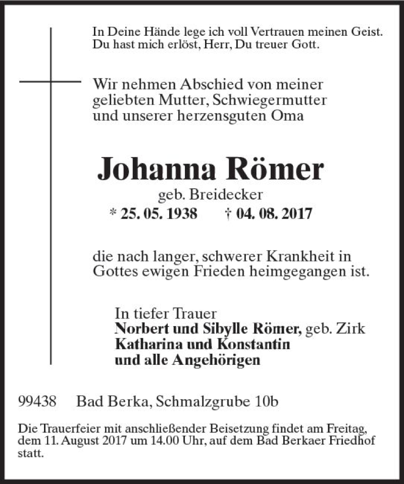  Traueranzeige für Johanna Römer vom 09.08.2017 aus Trauerportal Rhein Main Presse