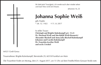 Traueranzeige von Johanna Sophie Weiß von Trauerportal Echo Online