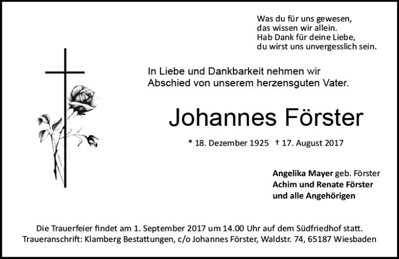  Traueranzeige für Johannes Förster vom 26.08.2017 aus Trauerportal Rhein Main Presse