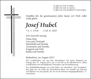 Traueranzeige von Josef Hubel von Trauerportal Rhein Main Presse