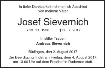 Traueranzeige von Josef Sievernich von  Kreisanzeiger