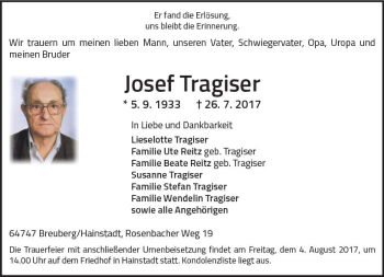 Traueranzeige von Josef Tragiser von Trauerportal Echo Online