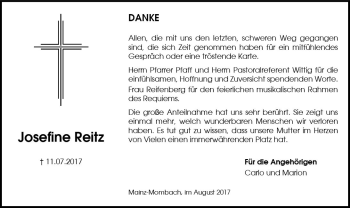 Traueranzeige von Josefine Reitz von Trauerportal Rhein Main Presse