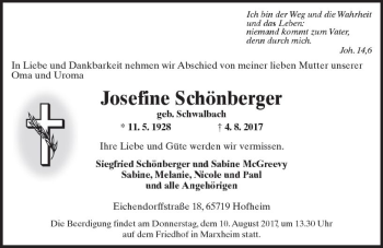 Traueranzeige von Josefine Schönberger von Trauerportal Rhein Main Presse