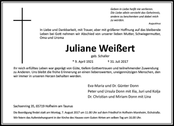 Traueranzeige von Juliane Weißert von Trauerportal Rhein Main Presse