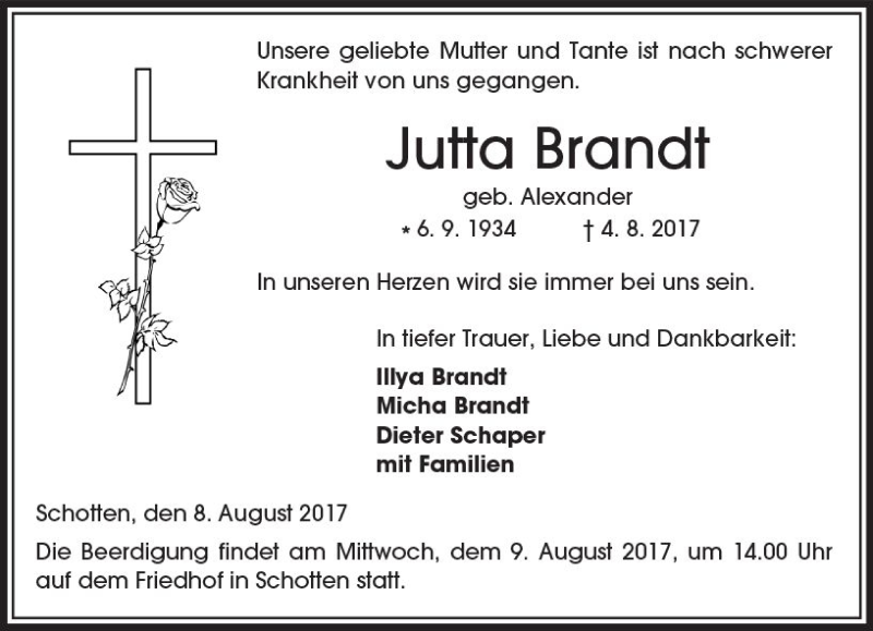  Traueranzeige für Jutta Brandt vom 08.08.2017 aus  Kreisanzeiger