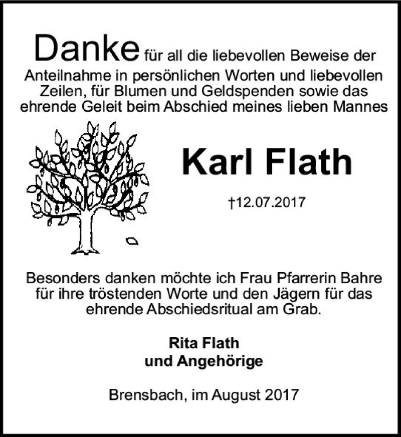  Traueranzeige für Karl Flath vom 12.08.2017 aus Trauerportal Echo Online