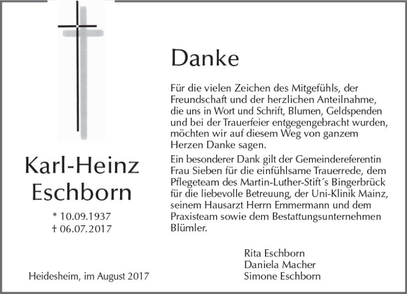  Traueranzeige für Karl-Heinz Eschborn vom 05.08.2017 aus Trauerportal Rhein Main Presse