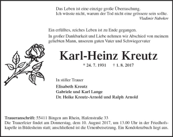 Traueranzeige von Karl-Heinz Kreutz von Trauerportal Rhein Main Presse