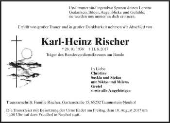 Traueranzeige von Karl-Heinz Rischer von Trauerportal Rhein Main Presse