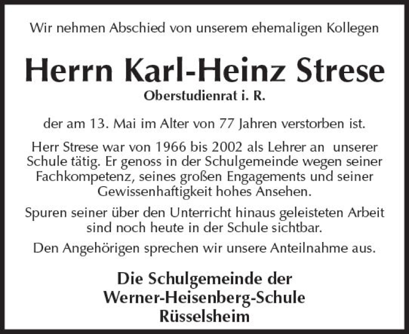  Traueranzeige für Karl-Heinz Strese vom 19.08.2017 aus Trauerportal Rhein Main Presse