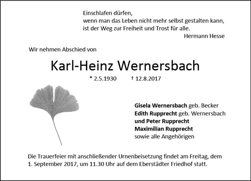  Traueranzeige für Karl-Heinz Wernersbach vom 26.08.2017 aus Trauerportal Echo Online
