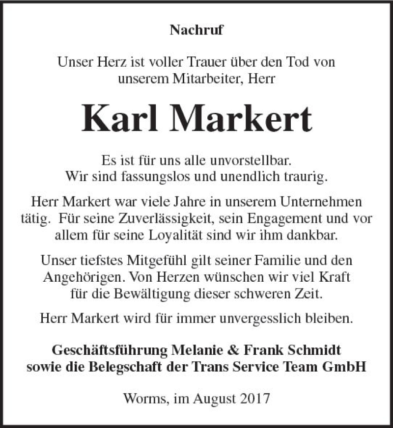  Traueranzeige für Karl Markert vom 05.08.2017 aus Trauerportal Rhein Main Presse