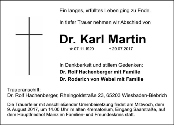 Traueranzeige von Karl Martin von Trauerportal Rhein Main Presse