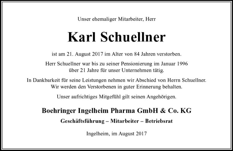  Traueranzeige für Karl Schuellner vom 25.08.2017 aus Trauerportal Rhein Main Presse