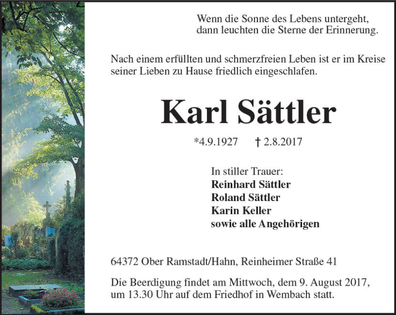  Traueranzeige für Karl Sättler vom 05.08.2017 aus Trauerportal Echo Online