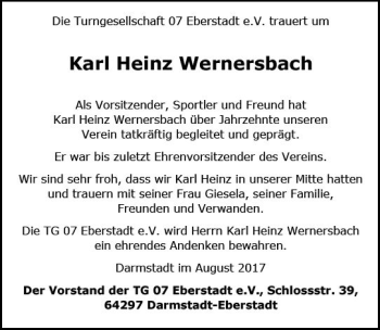 Traueranzeige von Karl Heinz Wernersbach von Trauerportal Echo Online