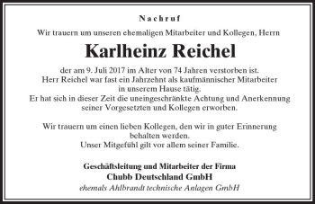 Traueranzeige von Karlheinz Reichel von VRM Trauer