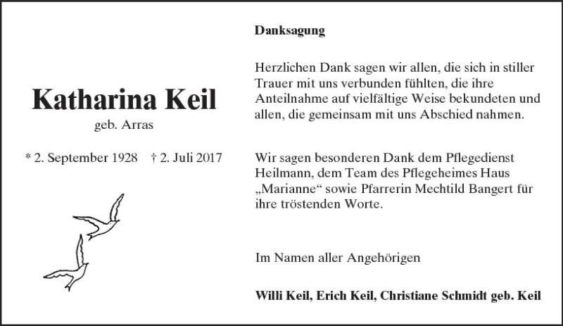  Traueranzeige für Katharina Keil vom 26.08.2017 aus Trauerportal Echo Online