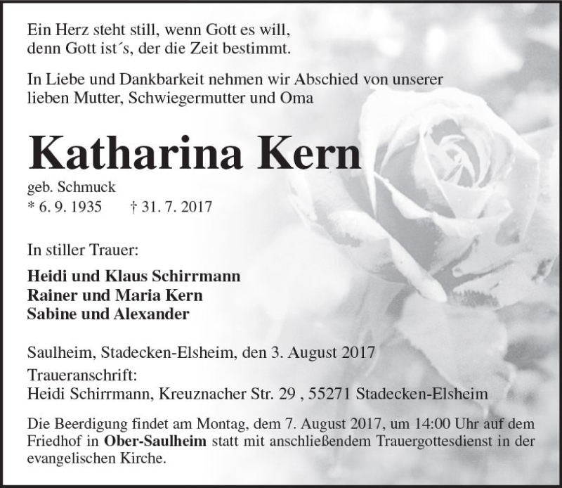  Traueranzeige für Katharina Kern vom 03.08.2017 aus Trauerportal Rhein Main Presse