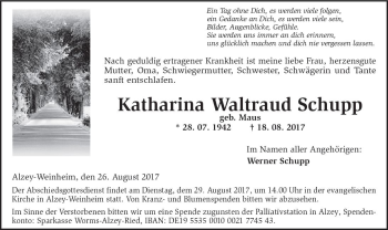 Traueranzeige von Katharina Waltraud Schupp von Trauerportal Rhein Main Presse