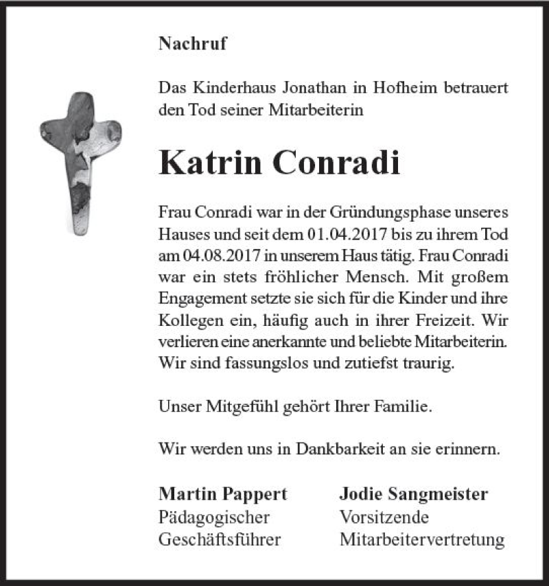  Traueranzeige für Katrin Conrad vom 15.08.2017 aus Trauerportal Rhein Main Presse