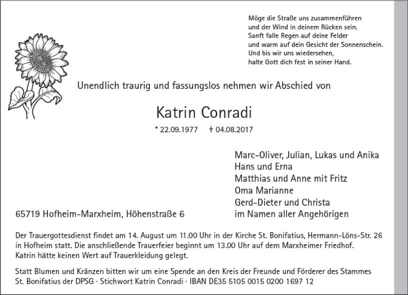  Traueranzeige für Katrin Conradi vom 11.08.2017 aus Trauerportal Rhein Main Presse