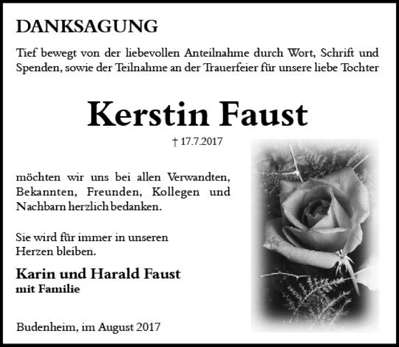  Traueranzeige für Kerstin Faust vom 12.08.2017 aus Trauerportal Rhein Main Presse