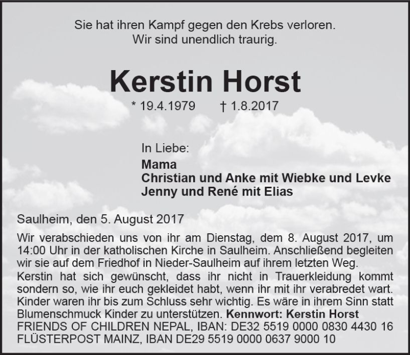  Traueranzeige für Kerstin Horst vom 05.08.2017 aus Trauerportal Rhein Main Presse