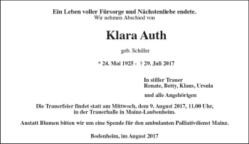 Traueranzeige von Klara Auth von Trauerportal Rhein Main Presse