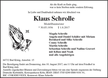 Traueranzeige von Klaus Schrolle von Trauerportal Echo Online
