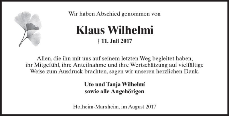  Traueranzeige für Klaus Wilhelmi vom 04.08.2017 aus Trauerportal Rhein Main Presse