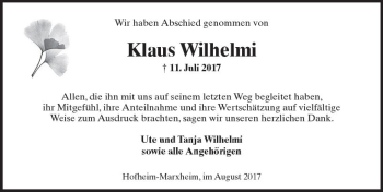 Traueranzeige von Klaus Wilhelmi von Trauerportal Rhein Main Presse