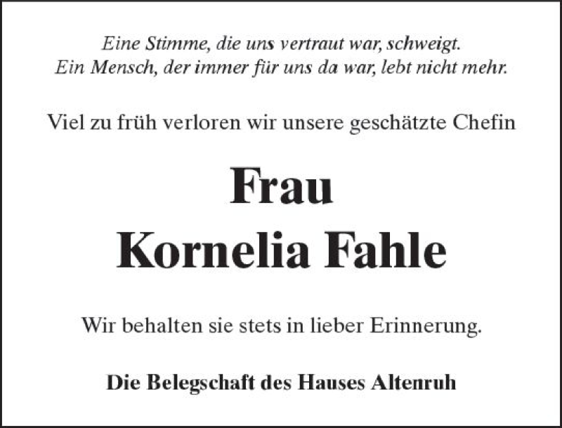  Traueranzeige für Kornelia Fahle vom 12.08.2017 aus  Kreisanzeiger