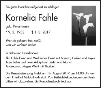 Traueranzeige von Kornelia Fahle von  Kreisanzeiger