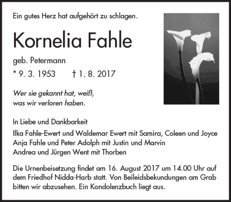  Traueranzeige für Kornelia Fahle vom 12.08.2017 aus  Kreisanzeiger
