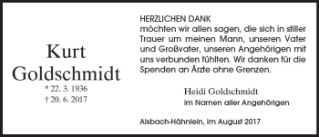 Traueranzeige von Kurt Goldschmidt von Trauerportal Echo Online