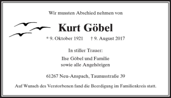 Traueranzeige von Kurt Göbel von  Usinger Anzeiger