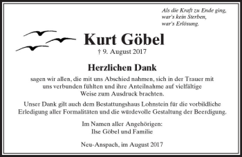 Traueranzeige von Kurt Göbel von  Usinger Anzeiger