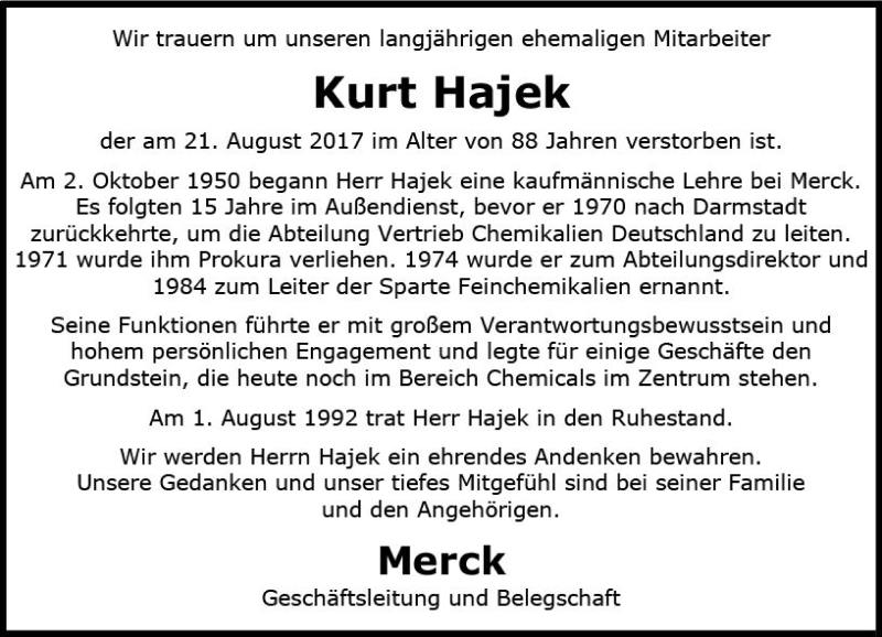  Traueranzeige für Kurt Hajek vom 26.08.2017 aus Trauerportal Echo Online