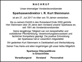 Traueranzeige von Kurt Steinmann von Trauerportal Echo Online