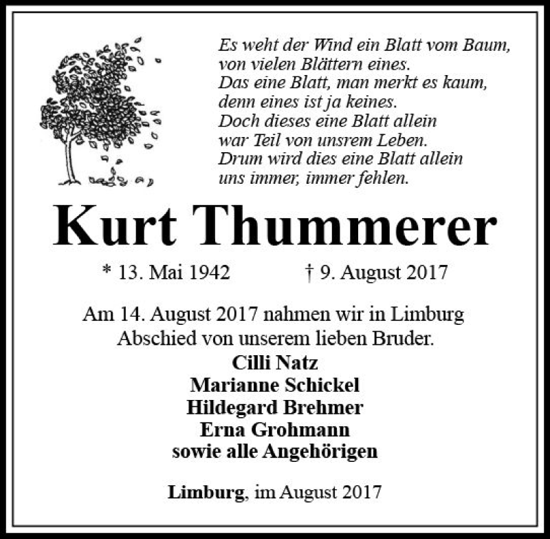  Traueranzeige für Kurt Thummerer vom 17.08.2017 aus  Camberger Anzeiger