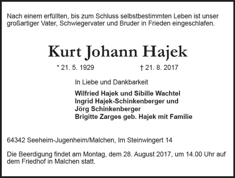  Traueranzeige für Kurt Johann Hajek vom 26.08.2017 aus Trauerportal Echo Online