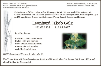 Traueranzeige von Leonhard Jakob Gölz von Trauerportal Echo Online