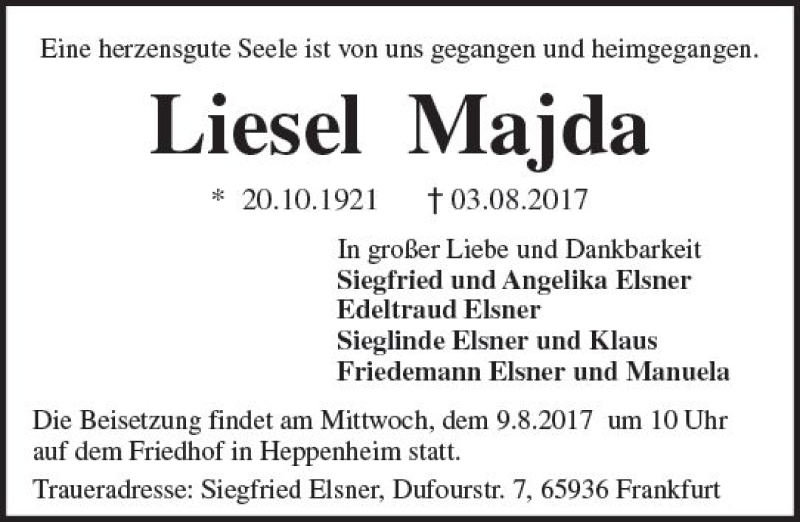  Traueranzeige für Liesel Majda vom 07.08.2017 aus Trauerportal Echo Online