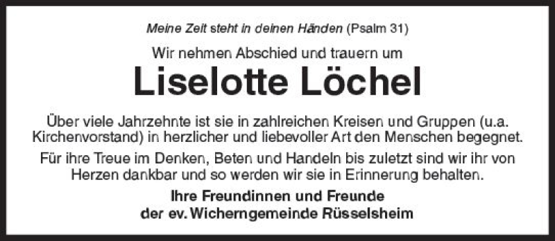  Traueranzeige für Lieselotte Löchel vom 03.08.2017 aus Trauerportal Rhein Main Presse
