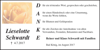 Traueranzeige von Lieselotte Schwardt von Trauerportal Echo Online