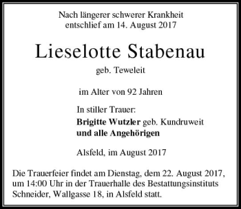 Traueranzeige von Lieselotte Stabenau von VRM Trauer