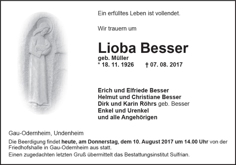 Traueranzeige für Lioba Besser vom 10.08.2017 aus Trauerportal Rhein Main Presse